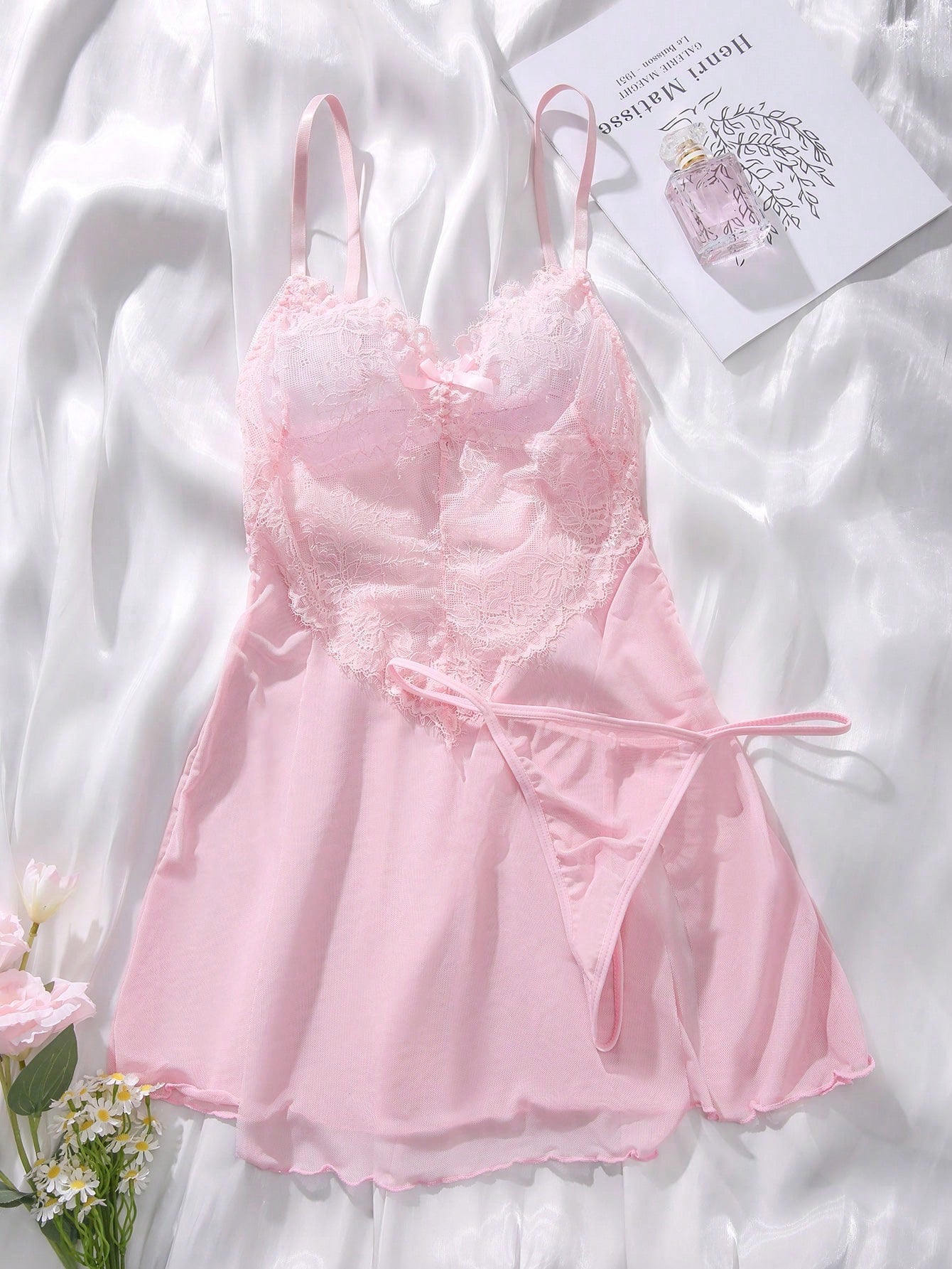 Vestido para dormir con encaje en contraste de malla con braga para mujer