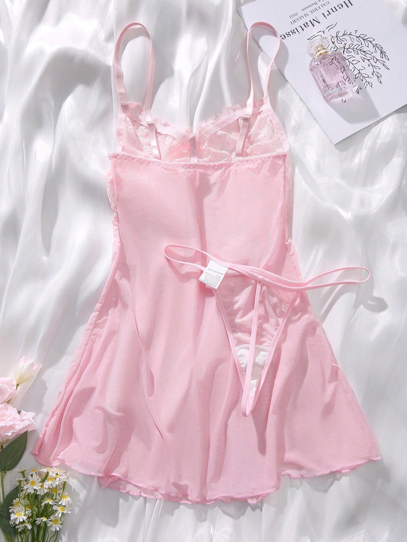 Vestido para dormir con encaje en contraste de malla con braga para mujer