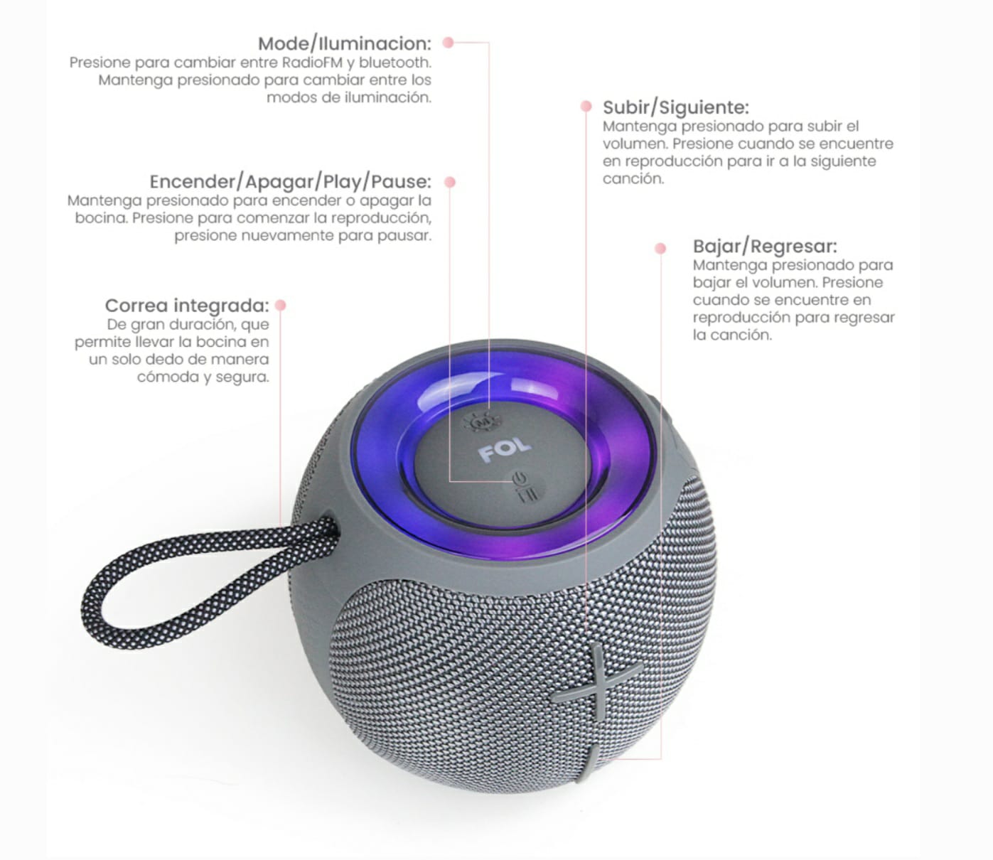 Bocina Fol Bluetooth Con Luz Y Correa Integrada Portátil