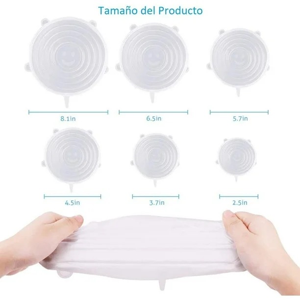 Tapas Elásticas de Silicona, Flexibles, Ecológicas, Herméticas, Tapaderas Para Mantener Alimentos Frescos, Set de 6 Piezas de Diferentes Tamaños Ajustables Reutilizables.