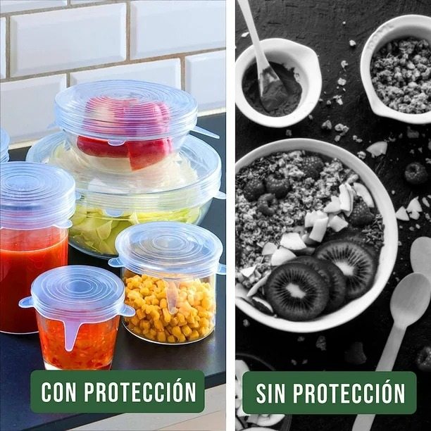 Tapas Elásticas de Silicona, Flexibles, Ecológicas, Herméticas, Tapaderas Para Mantener Alimentos Frescos, Set de 6 Piezas de Diferentes Tamaños Ajustables Reutilizables.