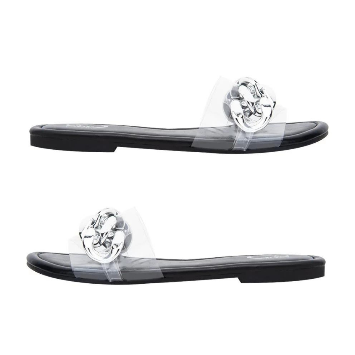 Sandalias casuales planas con cinta transparente y detalle de cadena plateada para uso diario para mujer.