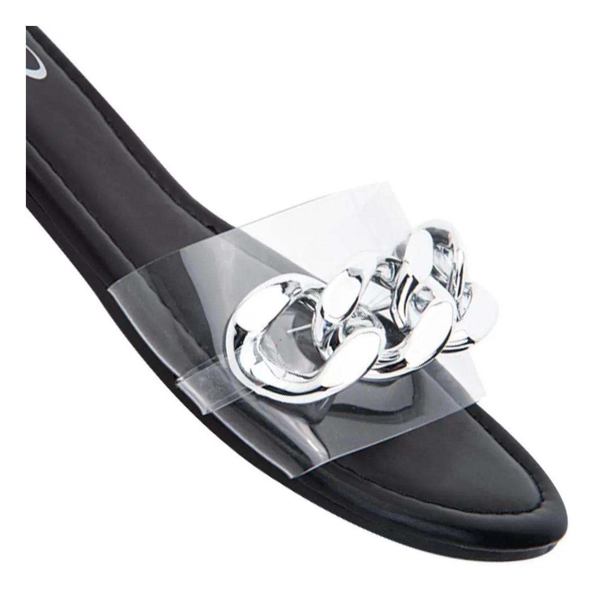 Sandalias casuales planas con cinta transparente y detalle de cadena plateada para uso diario para mujer.