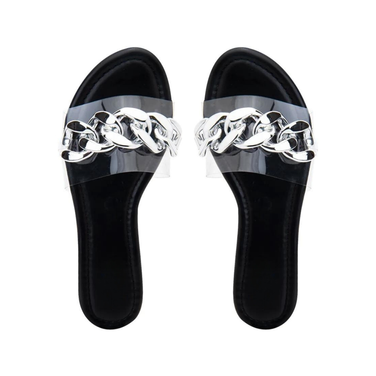 Sandalias casuales planas con cinta transparente y detalle de cadena plateada para uso diario para mujer.