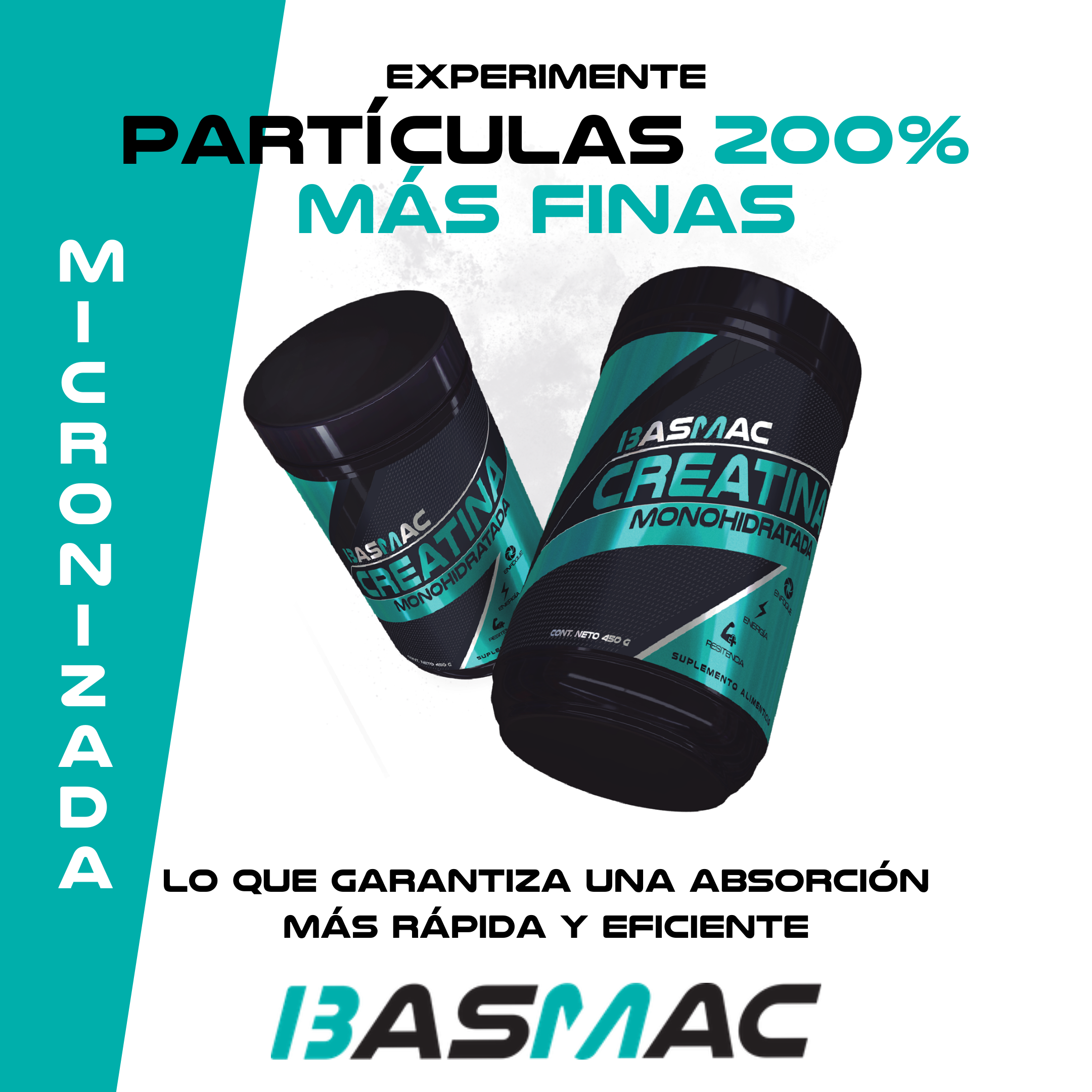 BASMAC Creatina Monohidratada Micronizada de Alta Pureza sin Sabor | 450g | 90 Porciones