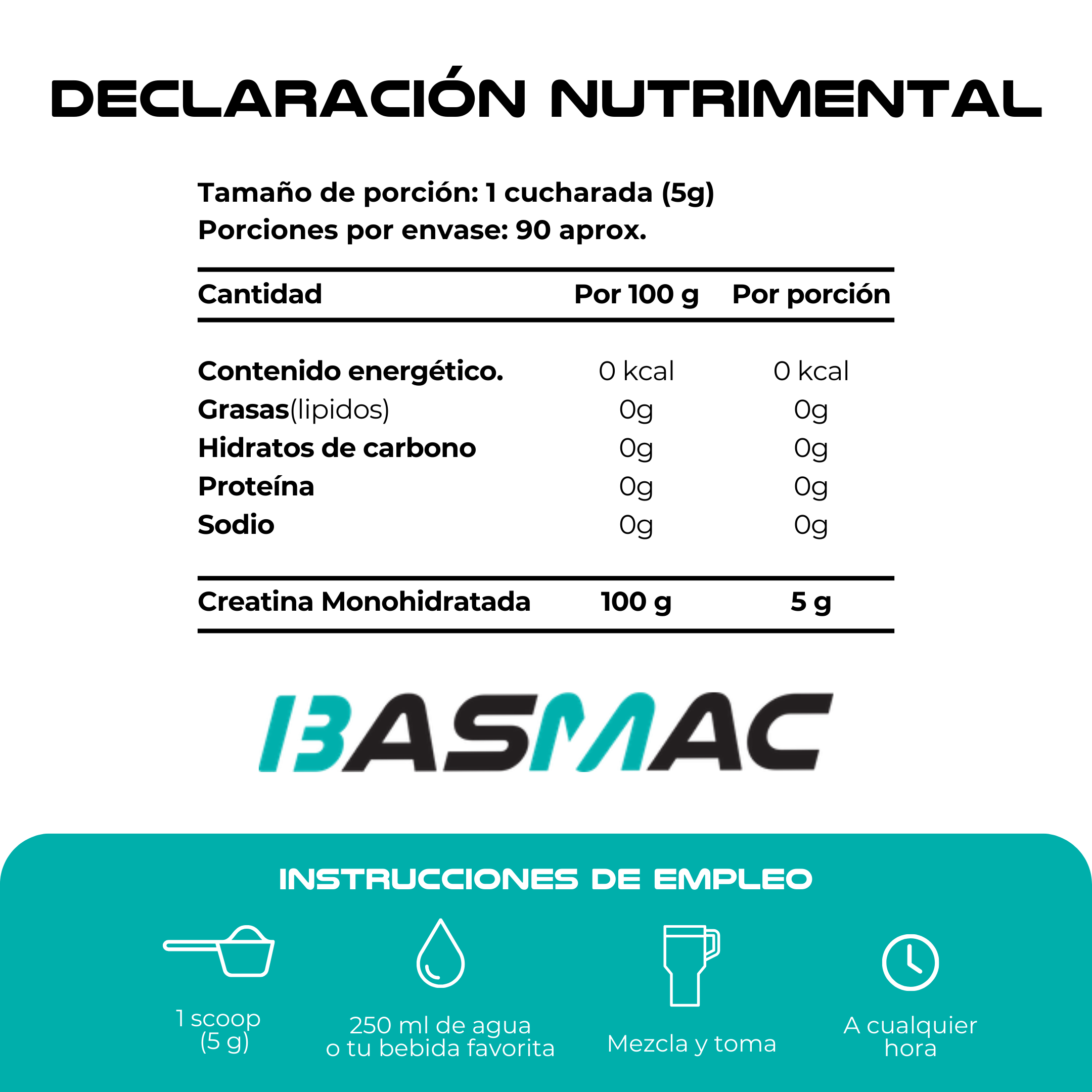 BASMAC Creatina Monohidratada Micronizada de Alta Pureza sin Sabor | 450g | 90 Porciones