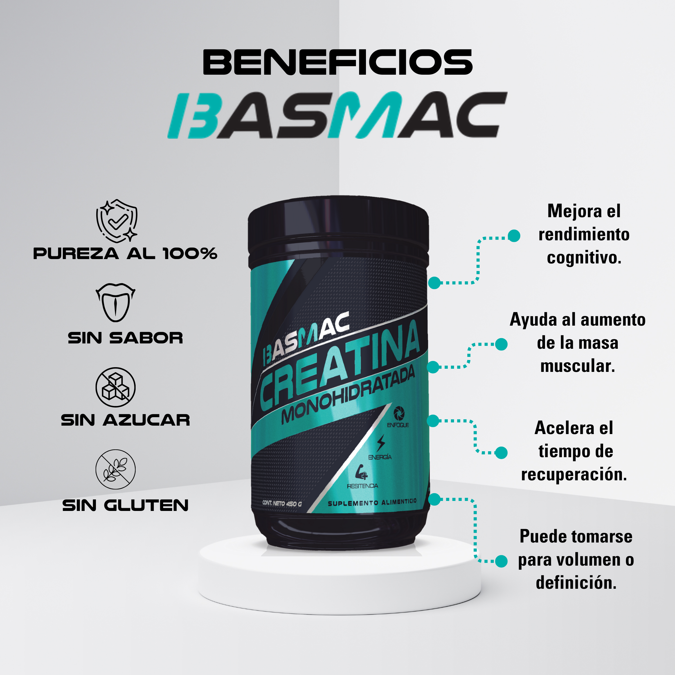 BASMAC Creatina Monohidratada Micronizada de Alta Pureza sin Sabor | 450g | 90 Porciones