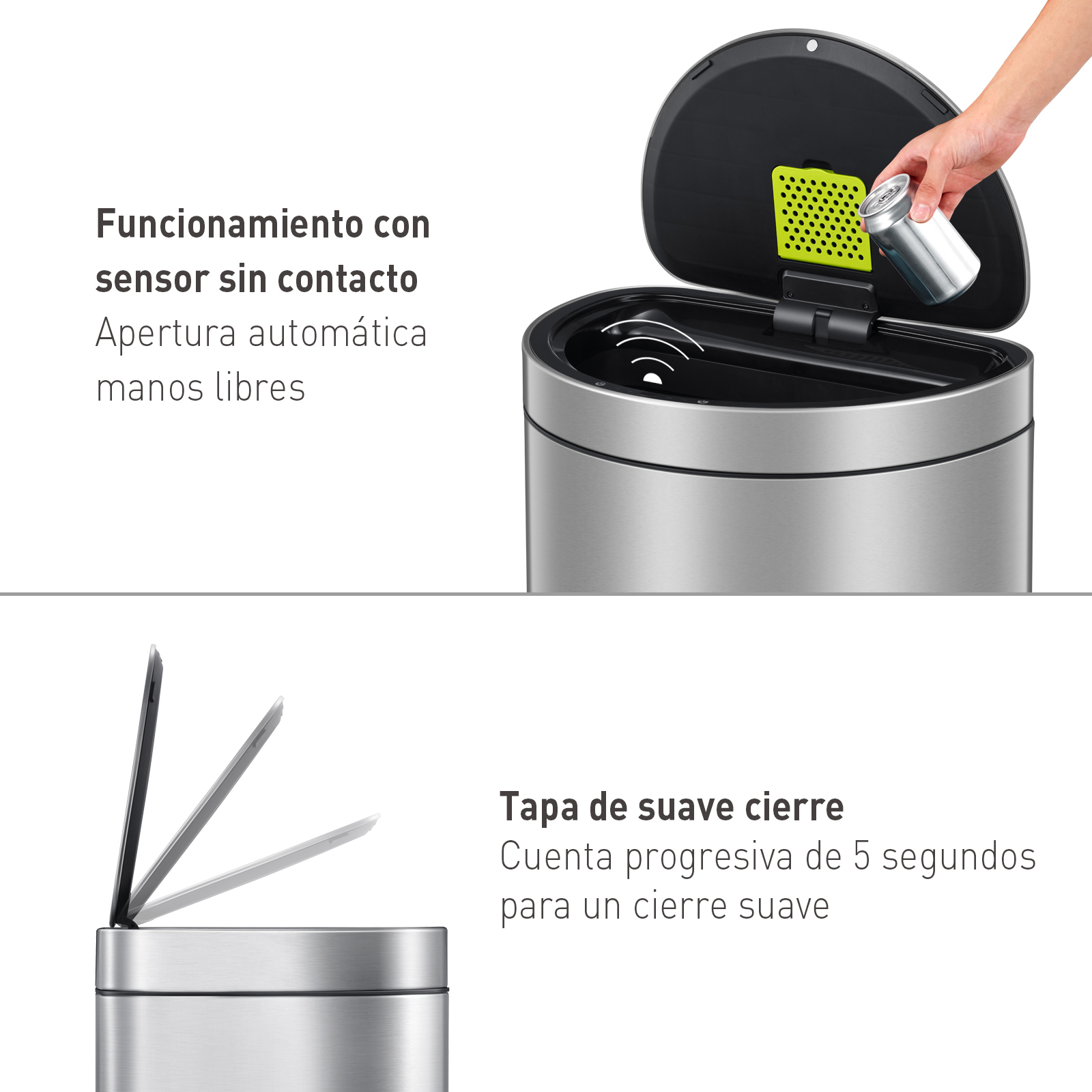 Bote de basura inteligente con Sensor Automatico semiredondo para cocina u oficina Acero Inoxidable 47L EKO Mirage
