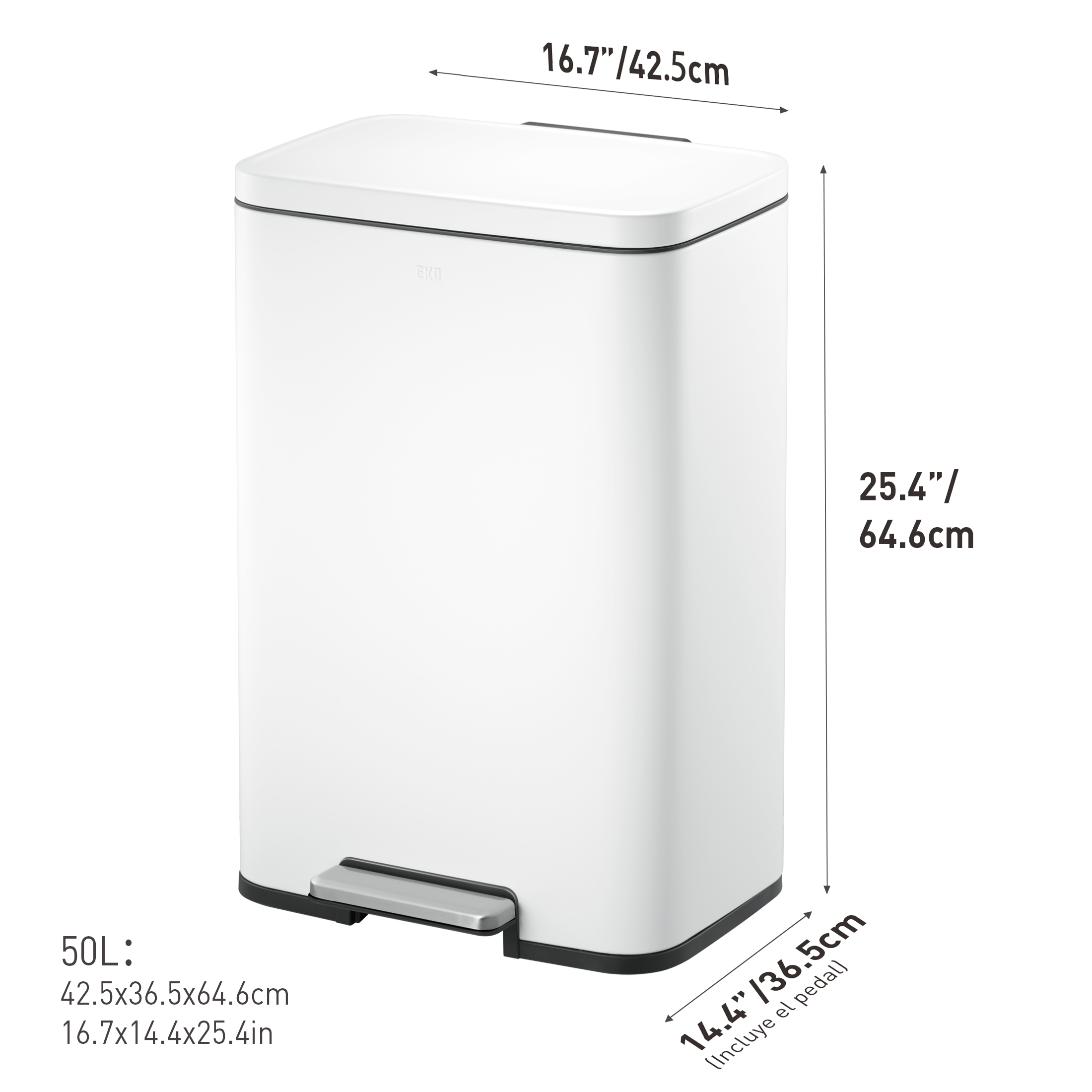 Bote de basura para cocina baño oficina Acero Inoxidable blanco 50 L con tapa y pedal EKO Madison