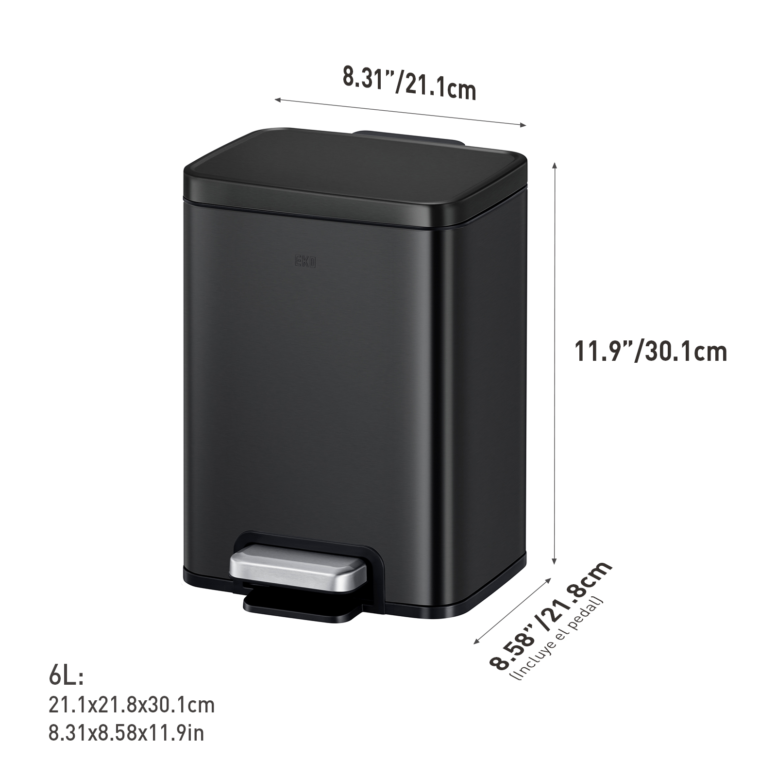 Bote de basura para cocina baño oficina Acero Inoxidable negro 6 L con tapa y pedal EKO Madison