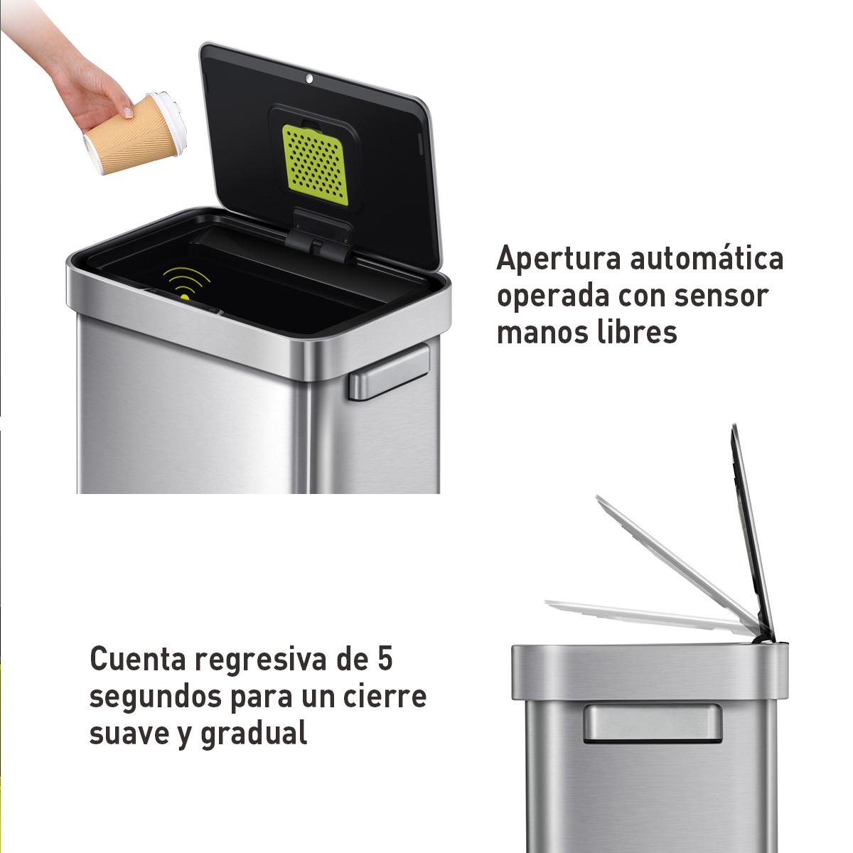 Bote de basura inteligente con Sensor Automatico para cocina baño oficina Acero Inoxidable 50L tapa acero EKO Mirage Delux