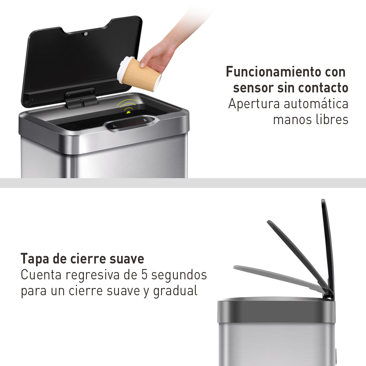 Bote de basura Inteligente con Sensor Automatico para cocina baño oficina Acero Inoxidable 50 L con tapa EKO Mirage