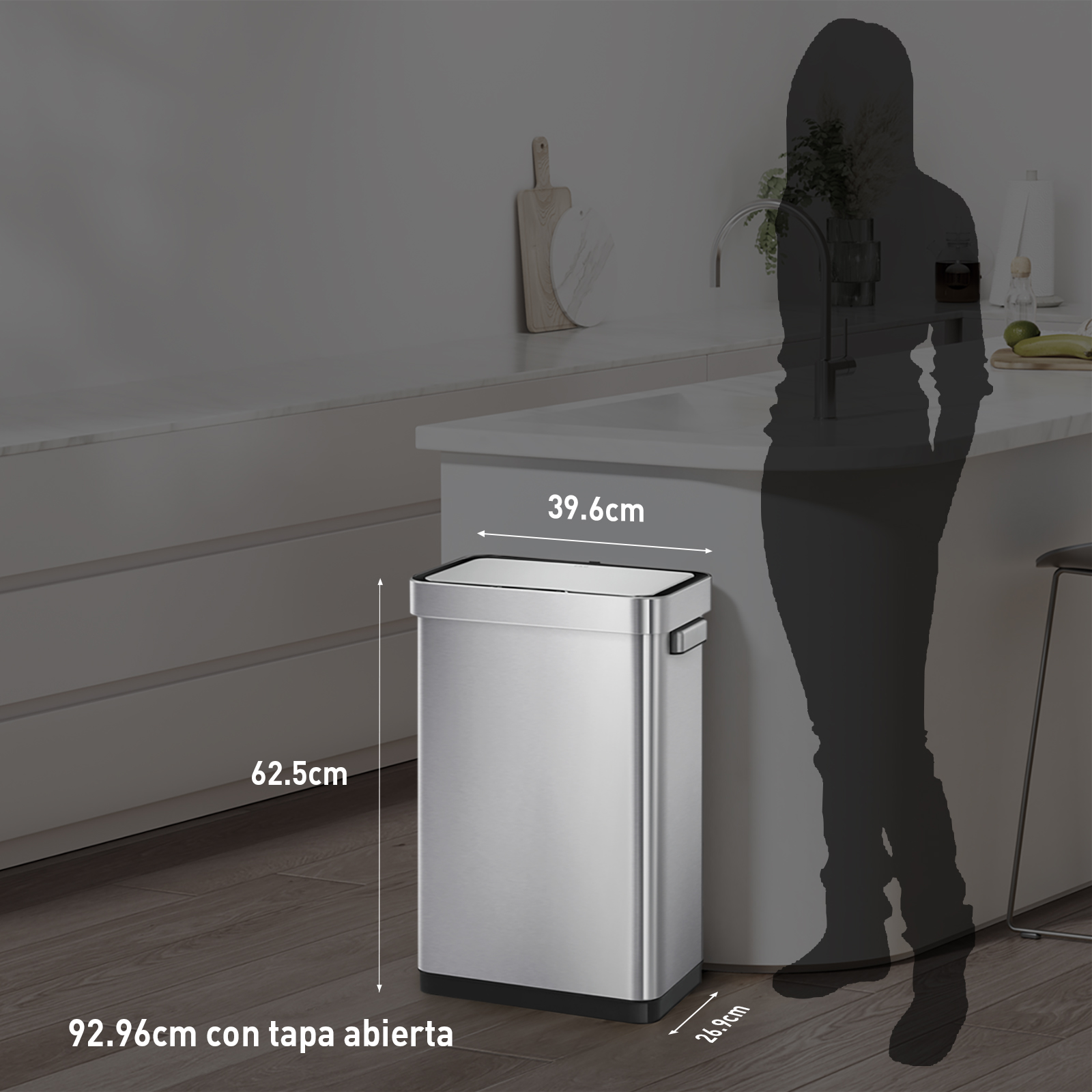 Bote de basura inteligente con Sensor Automatico para cocina baño oficina Acero Inoxidable 50L tapa acero EKO Mirage Delux