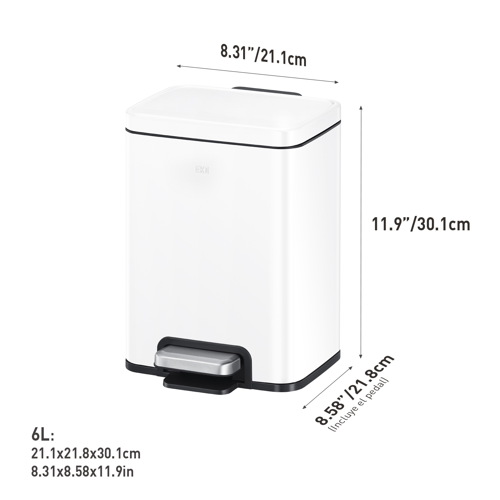 Bote de basura para cocina baño oficina Acero Inoxidable blanco 6 L con tapa y pedal EKO Madison