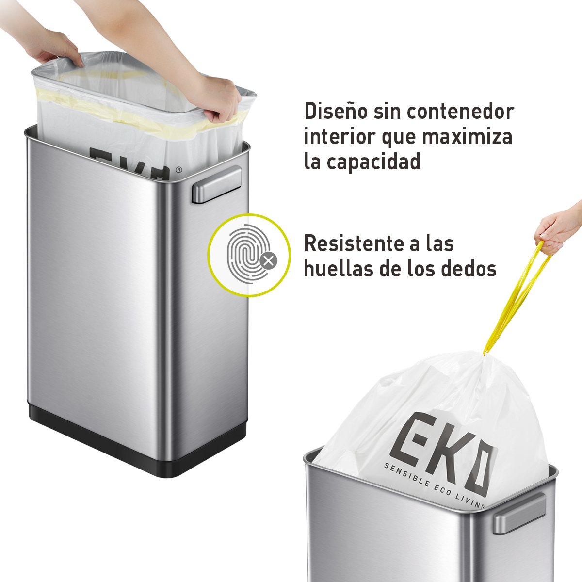 Bote de basura inteligente con Sensor Automatico para cocina baño oficina Acero Inoxidable 50L tapa acero EKO Mirage Delux