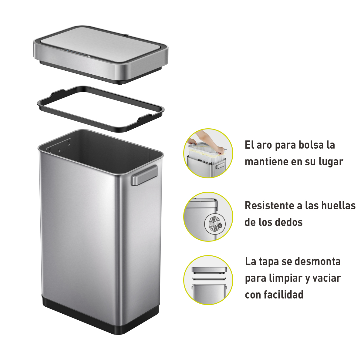 Bote de basura inteligente con Sensor Automatico para cocina baño oficina Acero Inoxidable 50L tapa acero EKO Mirage Delux