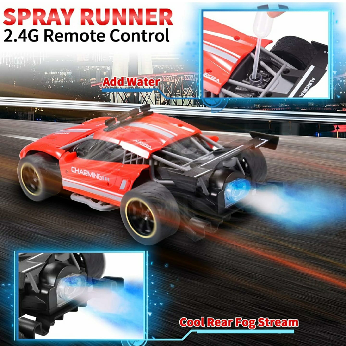 Carro Rojo Sport Radio Control Spray Runner 2.4 Humo Juguete Niño.