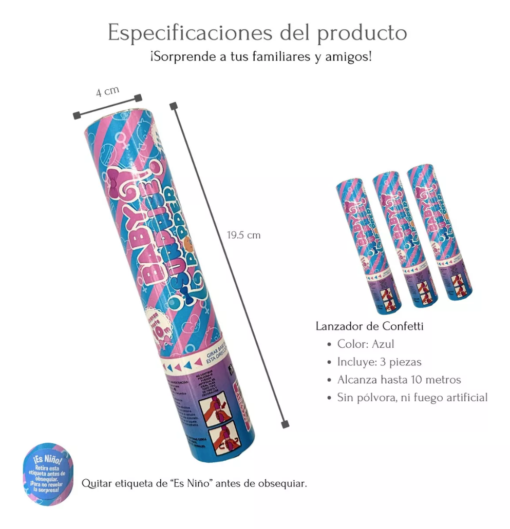 Revelador De Genero Bebe Niño Confetti Color Azul Pack De 3 Popper