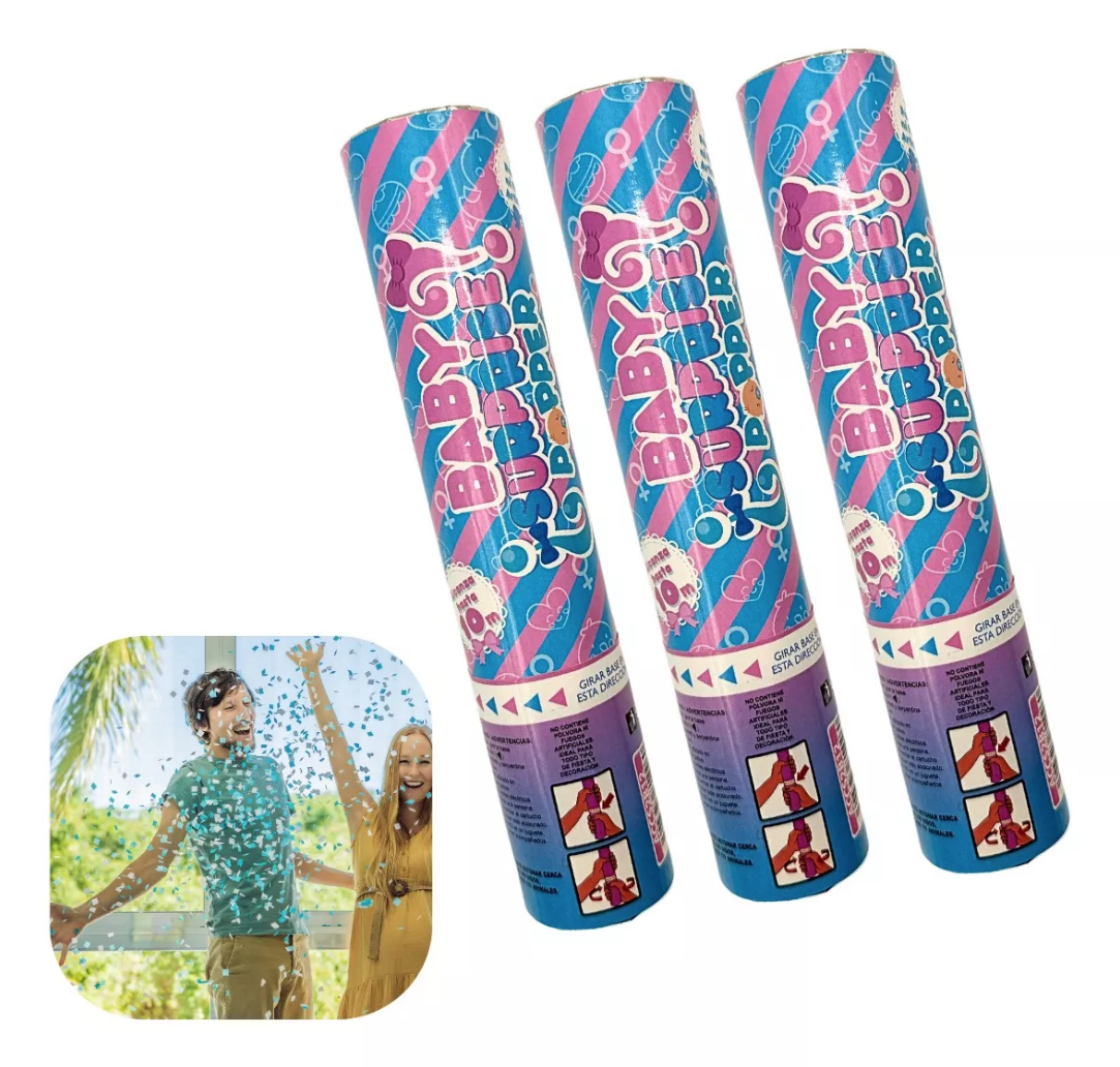 Revelador De Genero Bebe Niño Confetti Color Azul Pack De 3 Popper
