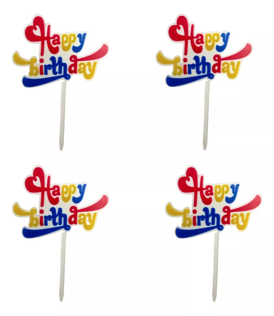 Pack 4 Letreros De Pastel Happy Birthday Color Azul Rojo y Amarillo