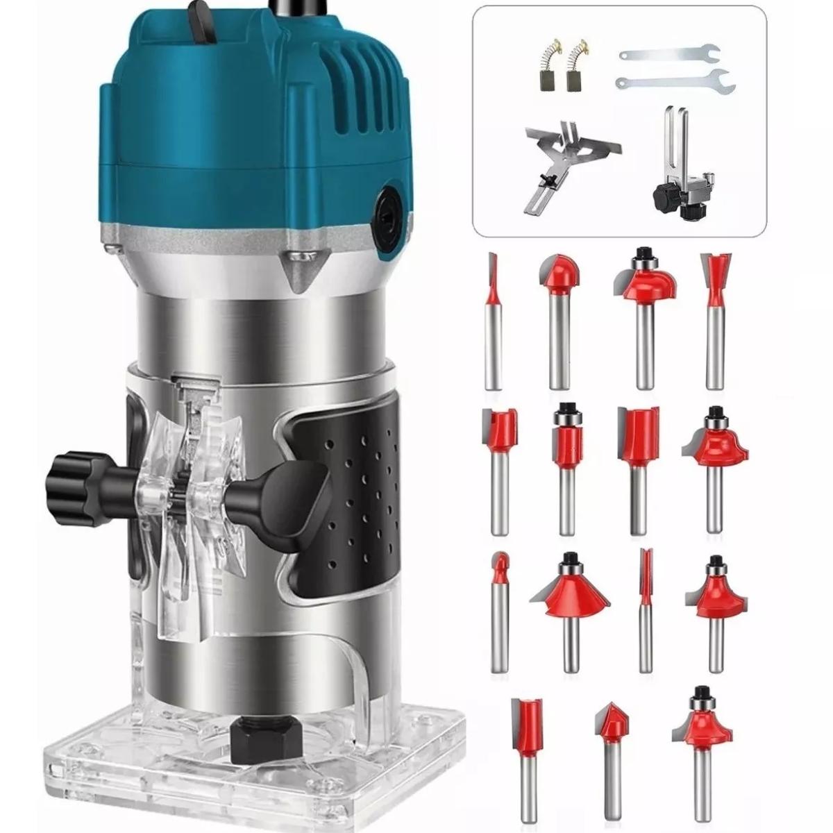 Router Madera Recortadora Rebajadora 800w +15 Brocas Carburo Plata/Azul 