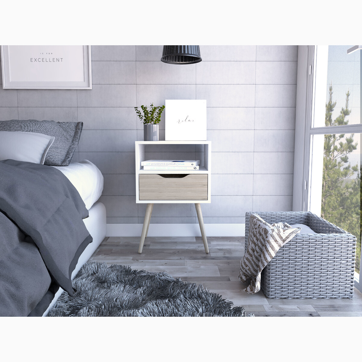 MESA DE NOCHE ARMABLE CON UN CAJON Y PATAS CONICAS MODELO OTOM COLOR BLANCO