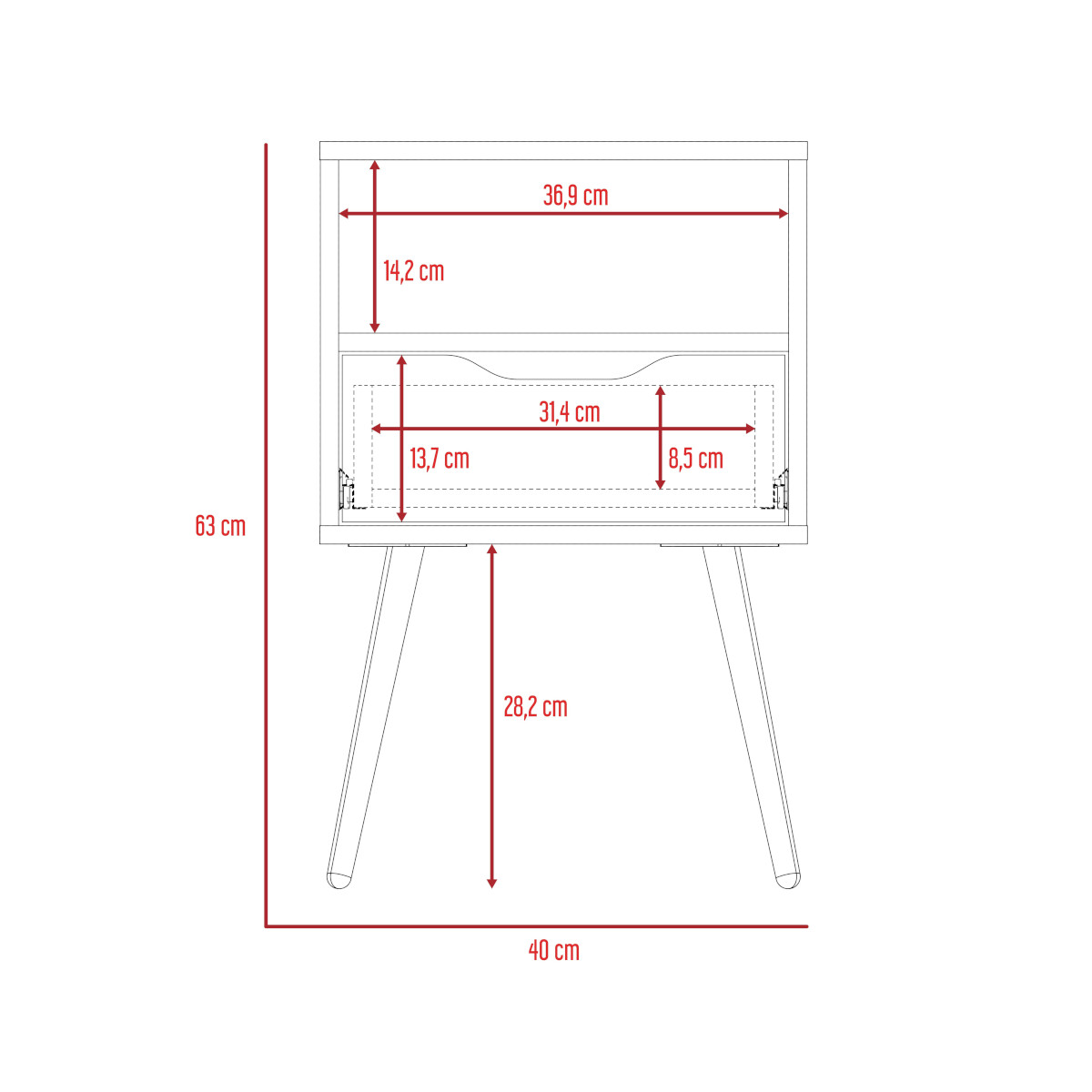 MESA DE NOCHE ARMABLE CON UN CAJON Y PATAS CONICAS MODELO OTOM COLOR BLANCO