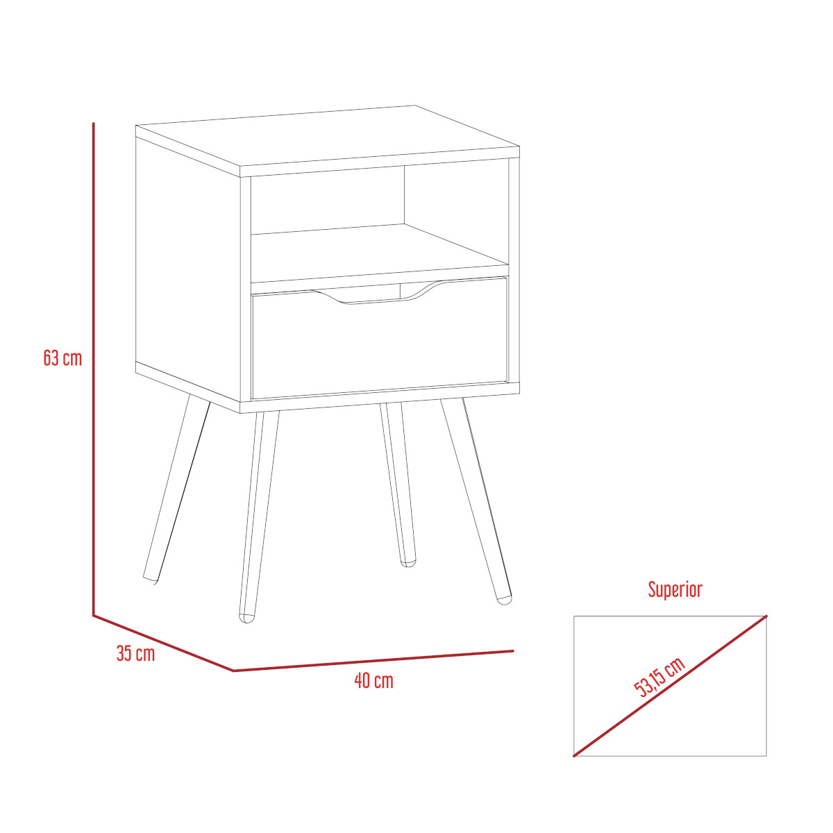 MESA DE NOCHE ARMABLE CON UN CAJON Y PATAS CONICAS MODELO OTOM COLOR BLANCO