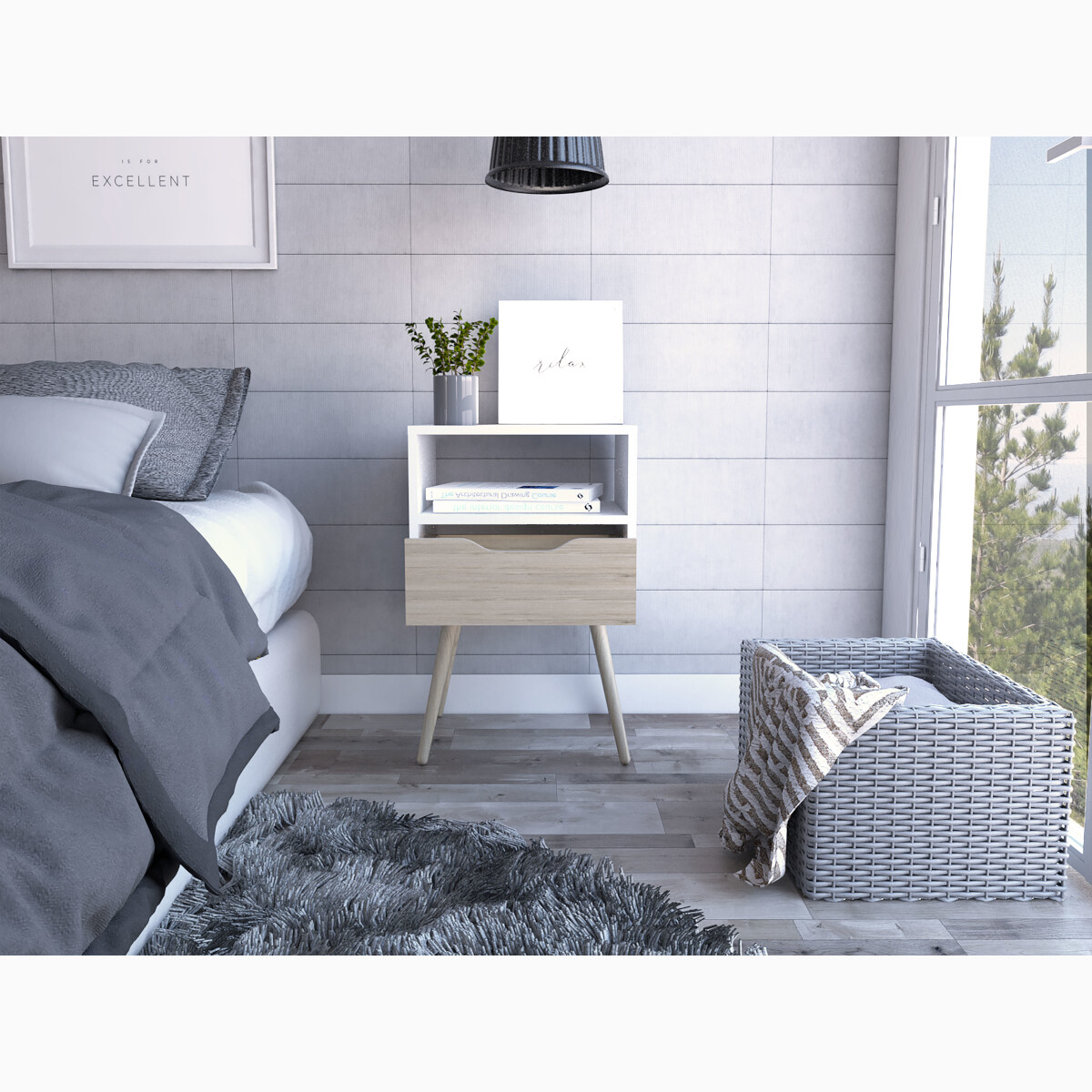 MESA DE NOCHE ARMABLE CON UN CAJON Y PATAS CONICAS MODELO OTOM COLOR BLANCO