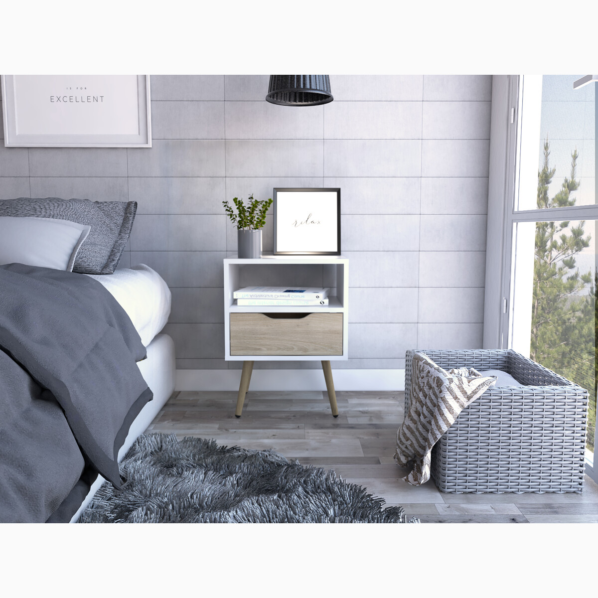 MESA DE NOCHE ARMABLE CON UN CAJON Y PATAS CONICAS MODELO OTOM COLOR BLANCO