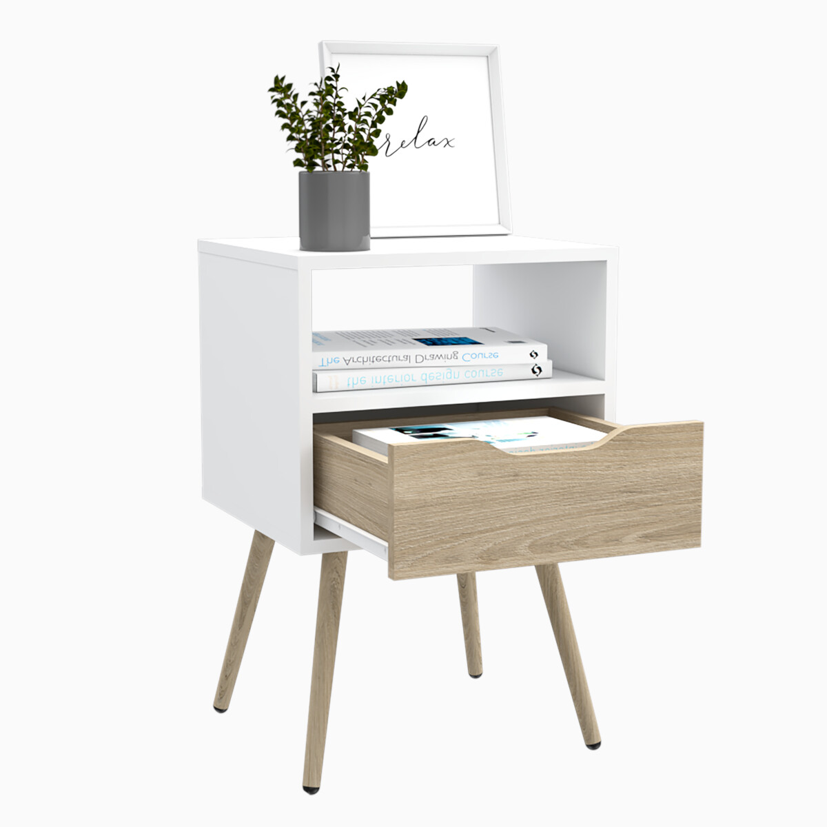 MESA DE NOCHE ARMABLE CON UN CAJON Y PATAS CONICAS MODELO OTOM COLOR BLANCO