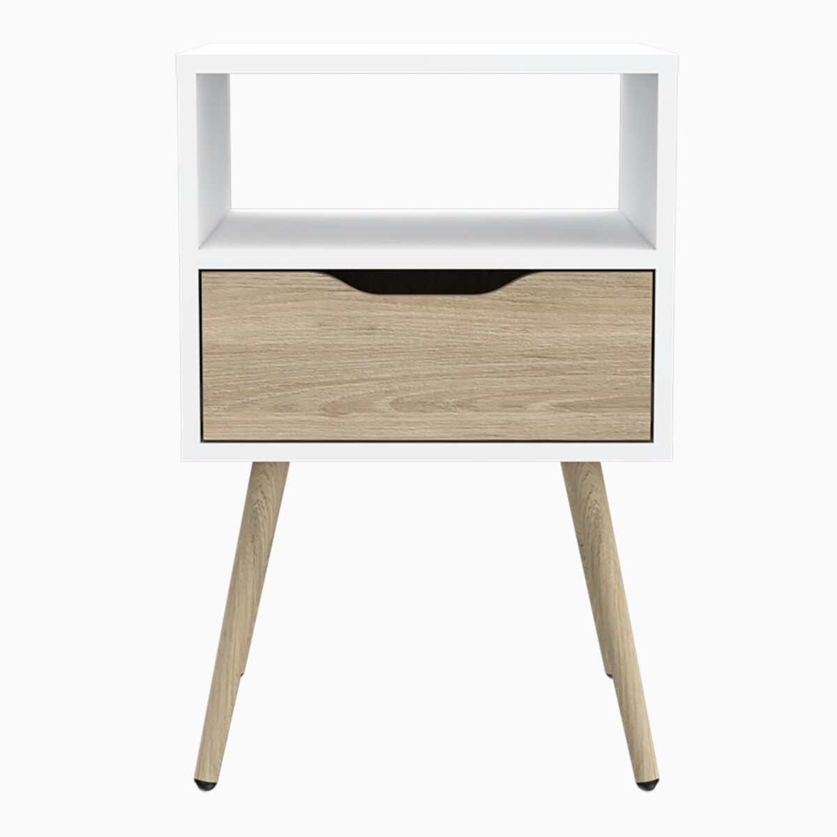 MESA DE NOCHE ARMABLE CON UN CAJON Y PATAS CONICAS MODELO OTOM COLOR BLANCO