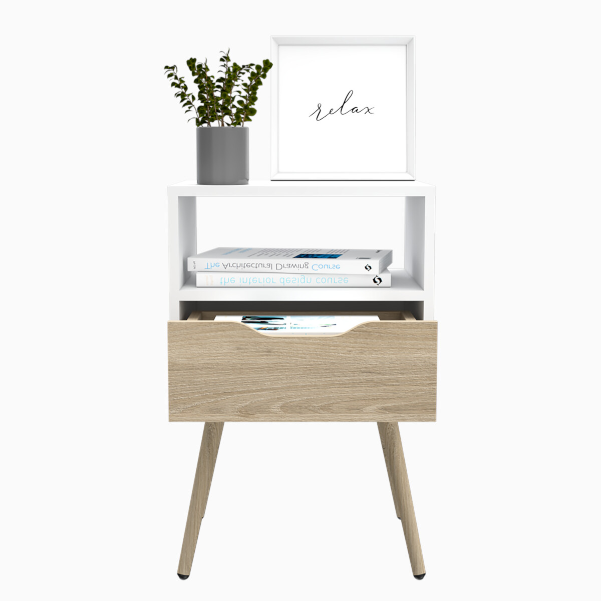 MESA DE NOCHE ARMABLE CON UN CAJON Y PATAS CONICAS MODELO OTOM COLOR BLANCO