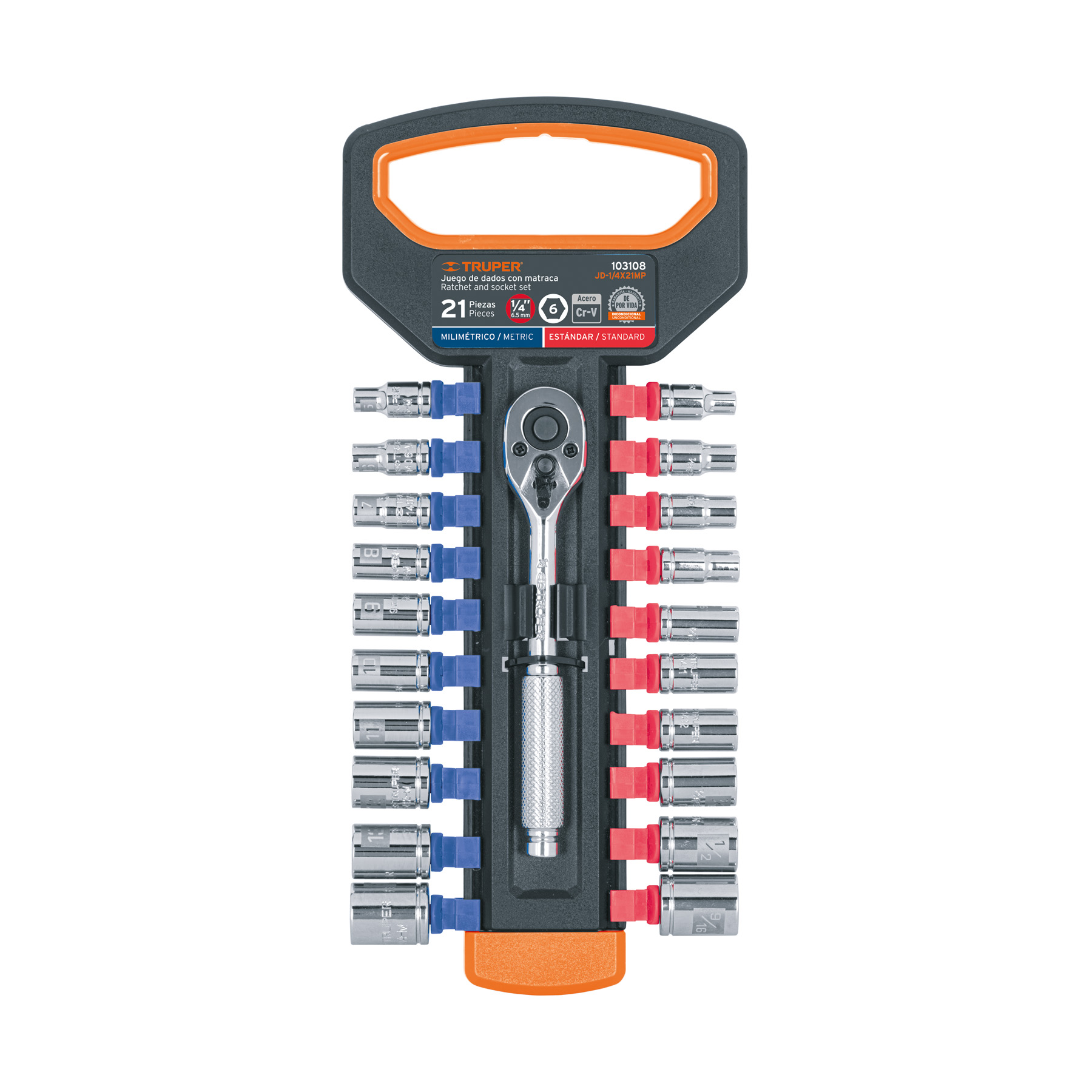 JUEGO DE DADOS MM Y STD CON MATRACA, CUADRO 1/4", TRUPER 103108