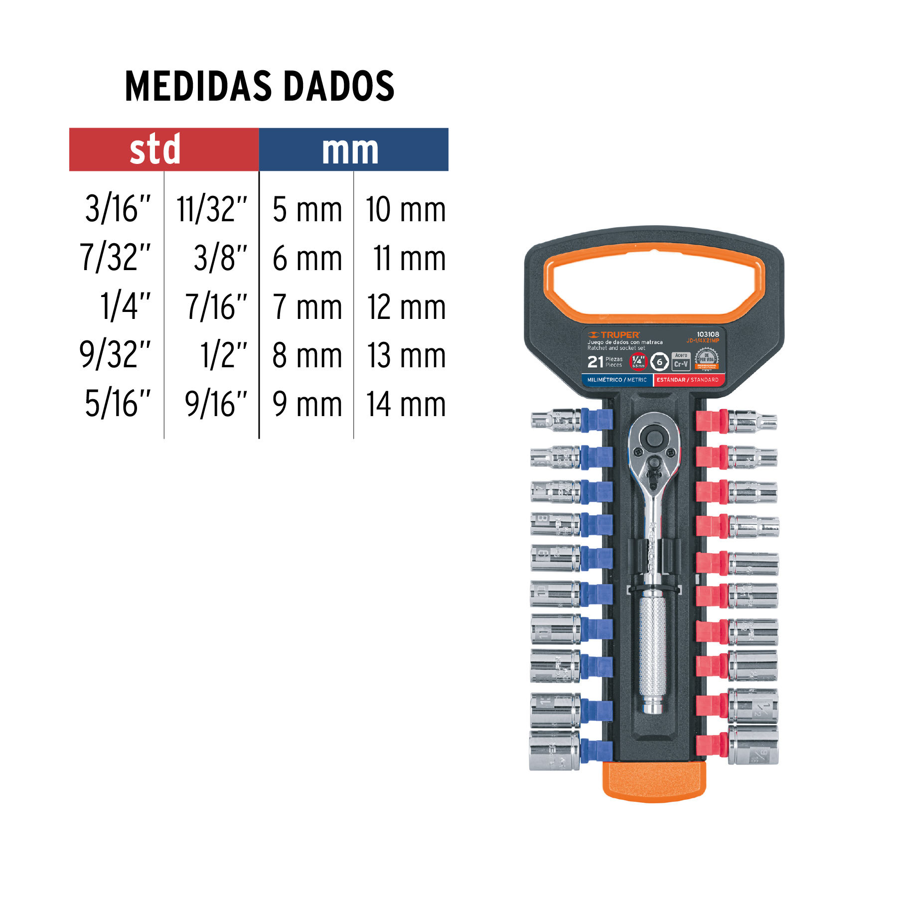 JUEGO DE DADOS MM Y STD CON MATRACA, CUADRO 1/4", TRUPER 103108
