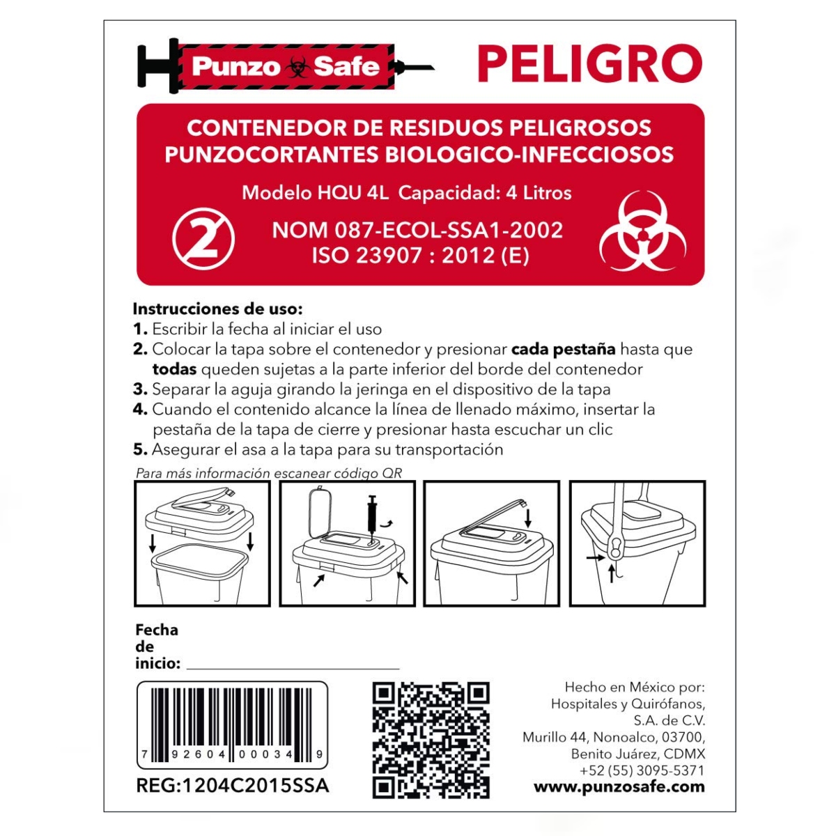 Bote Contenedor Punzosafe Para Punzocortantes RPBI Capacidad De 4 Litros