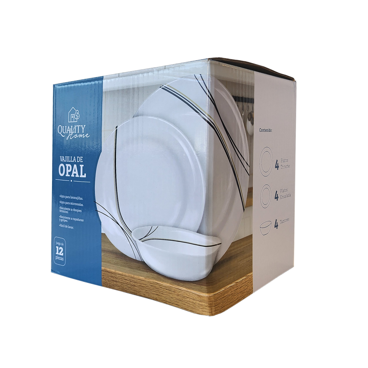 Vajilla Opal 12 Pzas Moderna Blanco Diseño Lineas Elegante