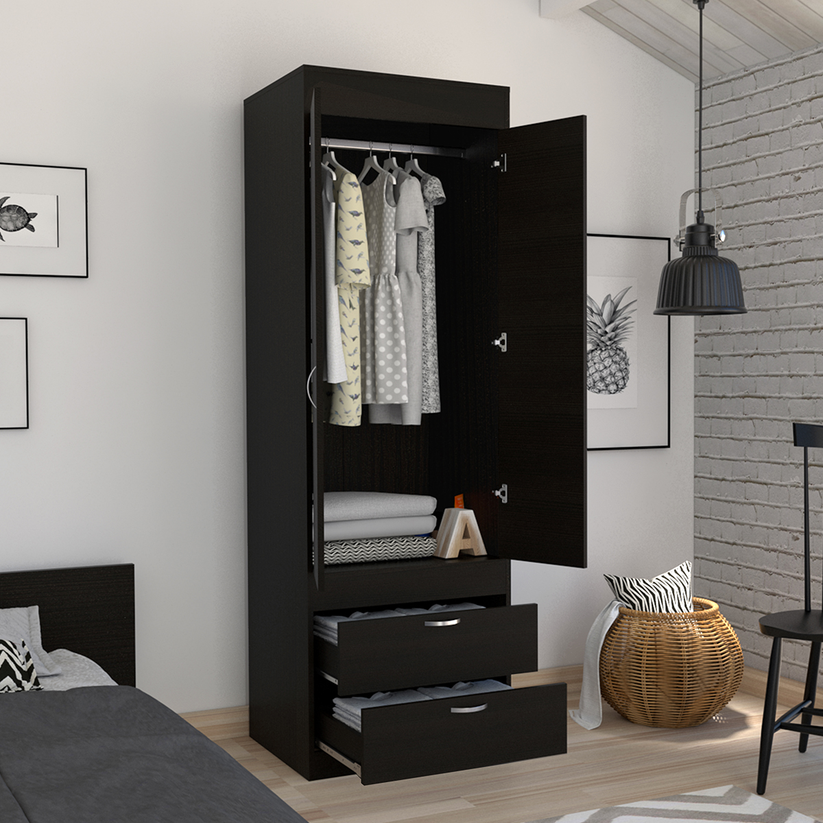 CLOSET ARMABLE PARA RECAMARA CON DOS CAJONES Y TUBO PARA COLGAR MODELO LISBOA COLOR CAFE