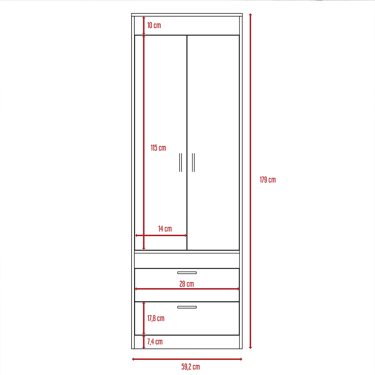 CLOSET ARMABLE PARA RECAMARA CON DOS CAJONES Y TUBO PARA COLGAR MODELO LISBOA COLOR CAFE