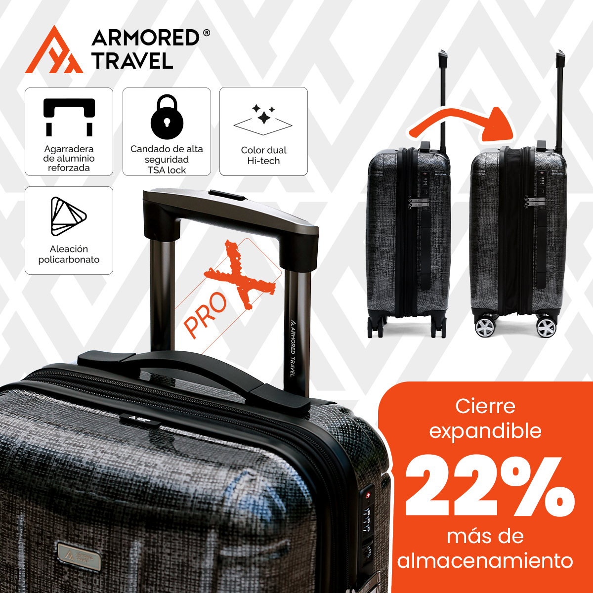 Maleta de mano carry-on cabina policarbonato Pro-x Dark 20 pulgadas capacidad 10 kg rígida con cierre expandible candado de seguridad tsa-lock Armored Travel