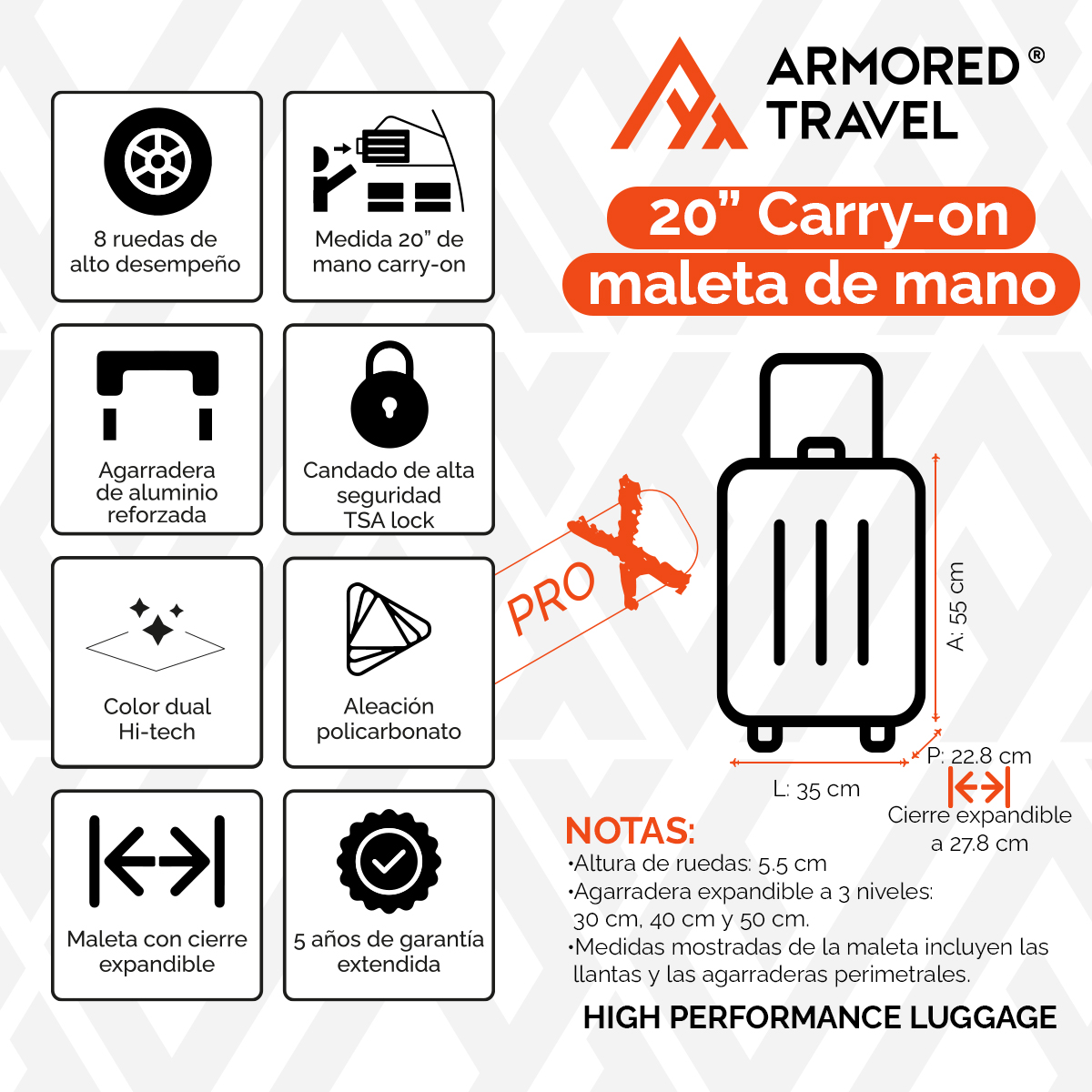Maleta de mano carry-on cabina policarbonato Pro-x Dark 20 pulgadas capacidad 10 kg rígida con cierre expandible candado de seguridad tsa-lock Armored Travel