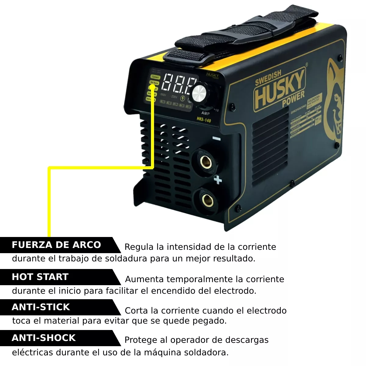 Soldadora inverter Swedish Husky Power HKS-140 negra y amarilla 60Hz 110V/220V