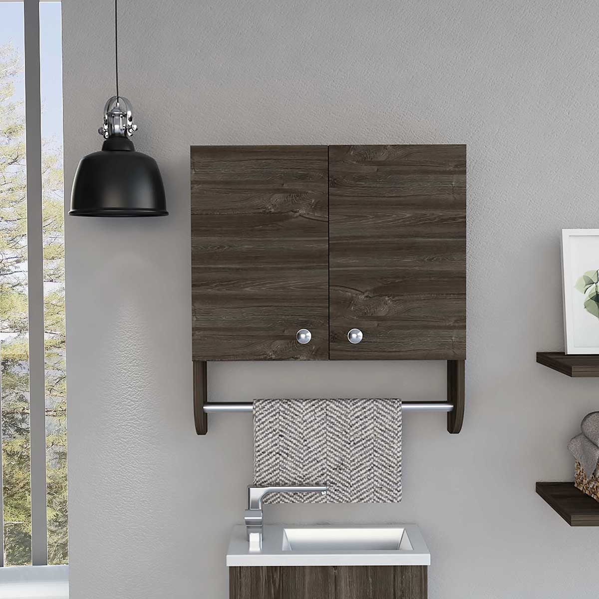 GABINETE DE BAÑO ORGANIZADOR ARMABLE CON DOS ESTANTES Y TOALLERO MODELO RIVERA