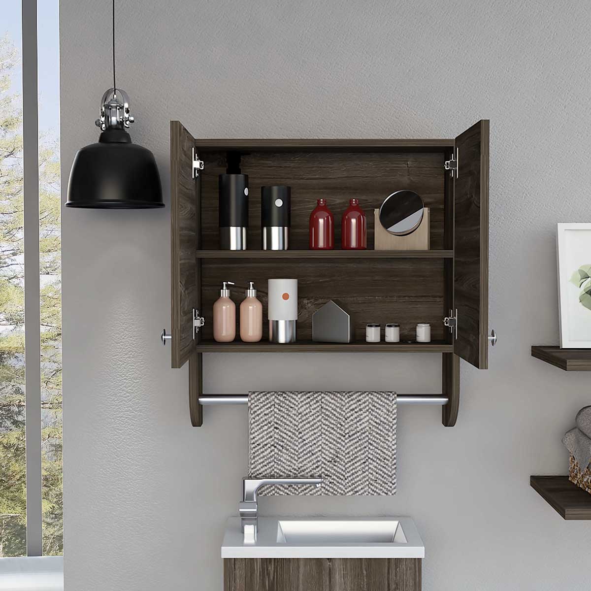 GABINETE DE BAÑO ORGANIZADOR ARMABLE CON DOS ESTANTES Y TOALLERO MODELO RIVERA