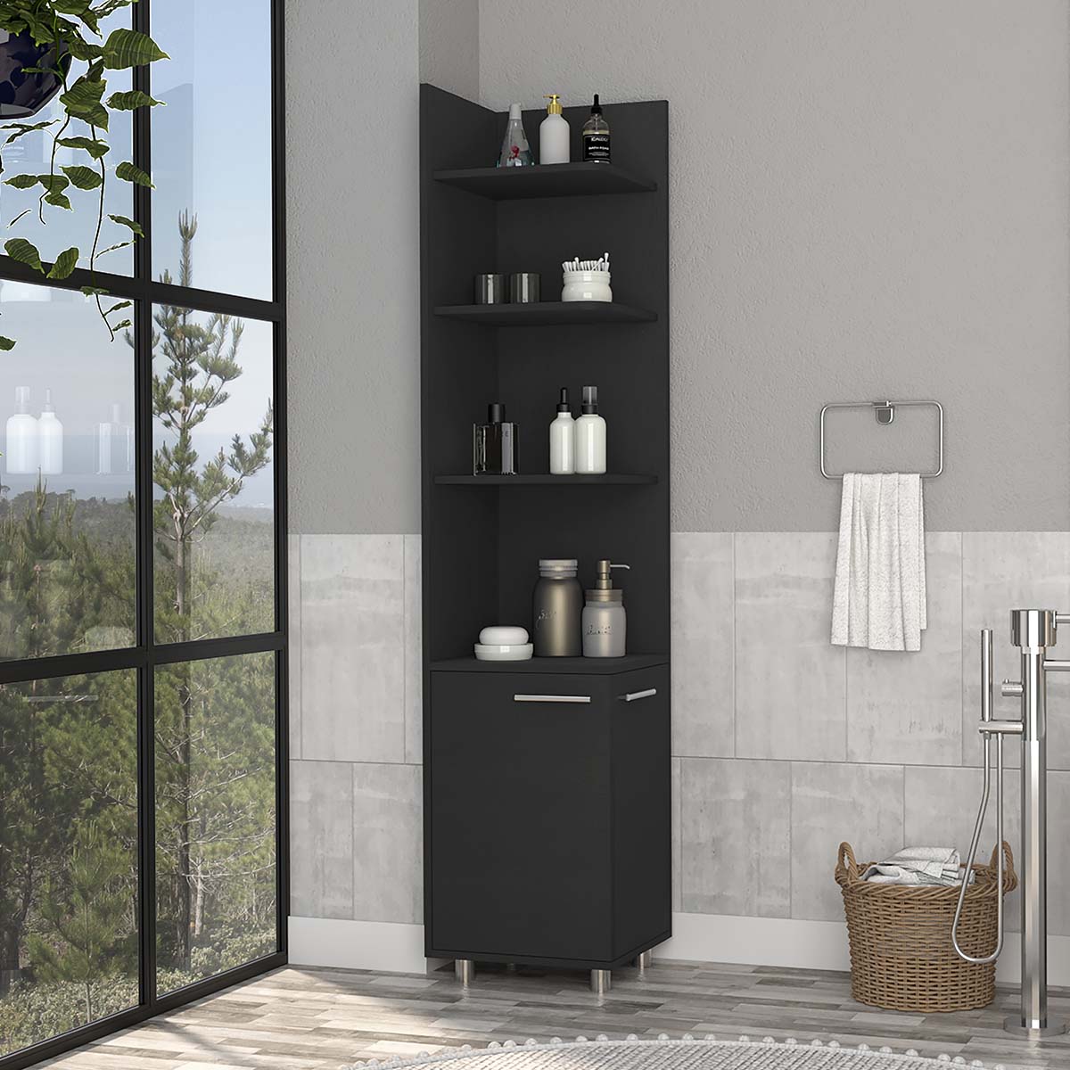 ESTANTE RACK ESQUINERO ARMABLE PARA BAÑO CON ESTANTES Y PUERTAS COLOR CAFE