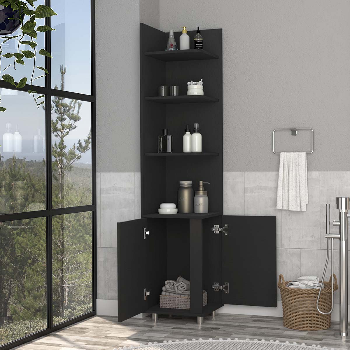 ESTANTE RACK ESQUINERO ARMABLE PARA BAÑO CON ESTANTES Y PUERTAS COLOR CAFE
