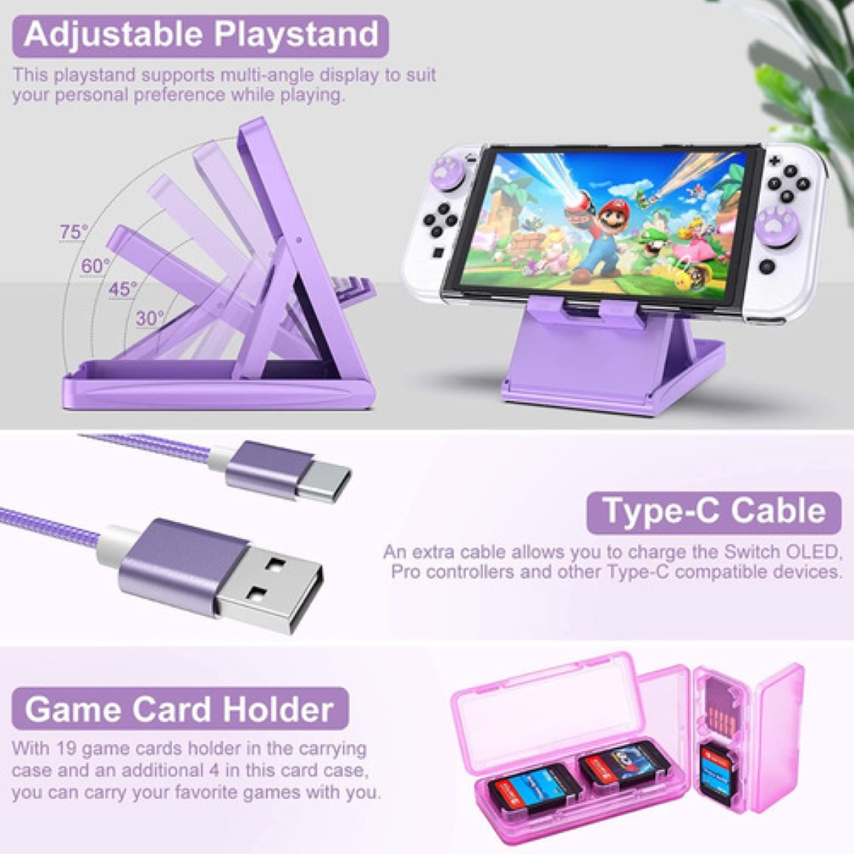 Kit De 15 Accesorios Para Nintendo Switch Con Funda Morado