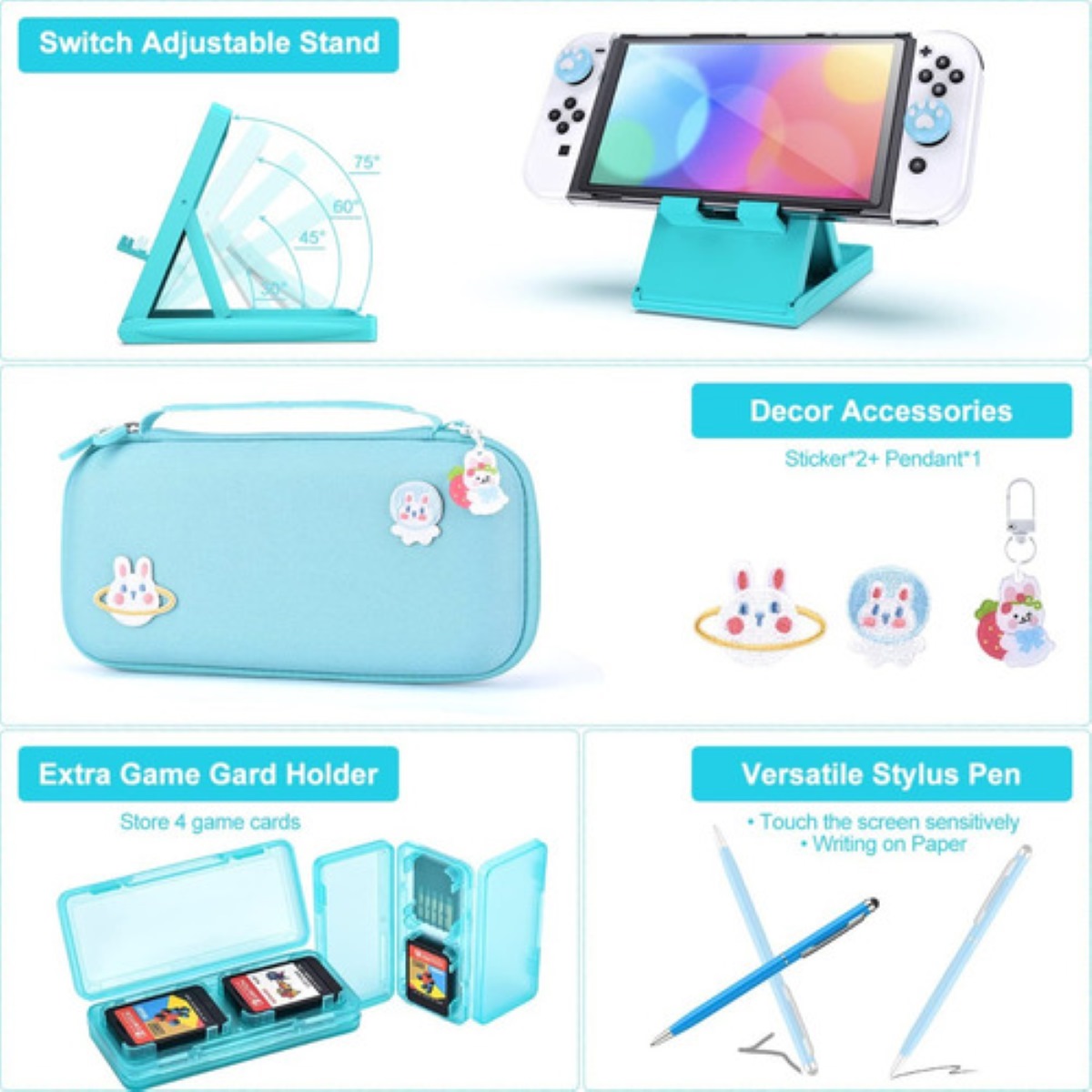 Kit De 15 Accesorios Con Estuche Para Nintendo Switch Funda Azul