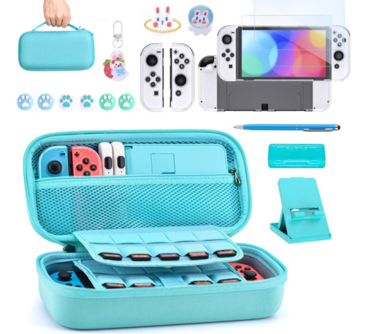 Kit De 15 Accesorios Con Estuche Para Nintendo Switch Funda Azul