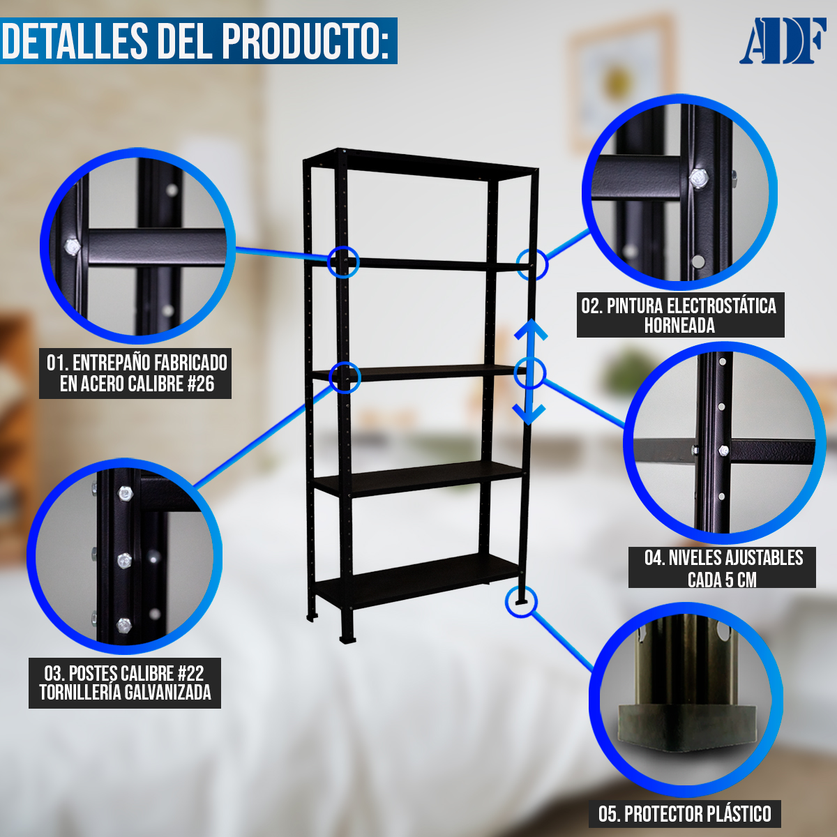 ADF Estante Anaquel Metálico con 5 Repisas Ajustable 190x84x30cm Organizador Color Negro Carga 250kg